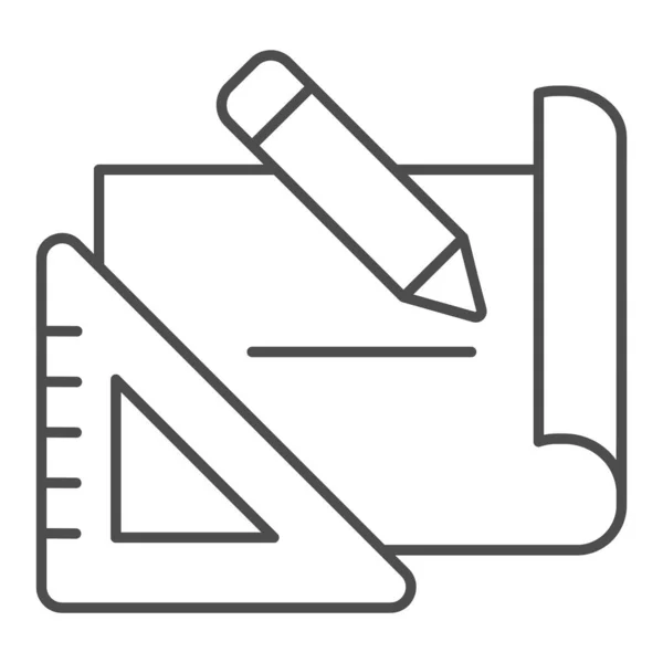 Bauplan dünne Linie Symbol. Projektwerkzeuge, Papier mit Bleistift und Lineal-Symbol, Umrisspiktogramm auf weißem Hintergrund. Bauschild für mobiles Konzept und Webdesign. Vektorgrafik. — Stockvektor