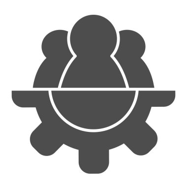 İşbirliği teçhizatı sağlam ikon. Takım ve teçhizat, üç piyon ve dişli sembol, beyaz arka planda glifli resim. Mobil konsept ve web tasarımı için takım çalışması işareti. Vektör grafikleri.