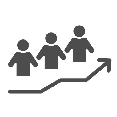Şirket simgesinde büyüme. Kariyer merdiveni, yukarı ok ve üç kişilik sembol, beyaz arka planda kabartma şekilli resim. Mobil konsept ve web tasarımı için takım çalışması işareti. Vektör grafikleri.