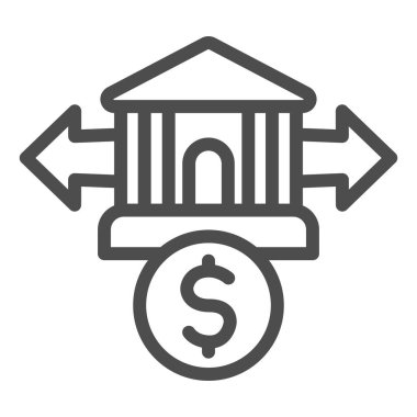 Dolar bozdurma simgesi. Oklar sembollü banka işlemi, beyaz arkaplanda ana hatlı resim çizgisi. Mobil konsept ve web tasarımı için para transferi işareti. Vektör grafikleri.