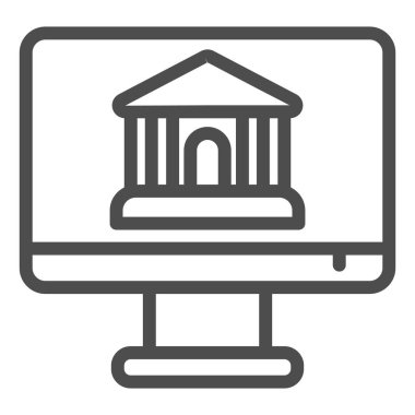 Ekran satırı simgesindeki banka hesabı. Bina, bankacılık sembolü, beyaz arkaplanda ana hatlı resim çizgisi olan monitör. Mobil konsept ve web tasarımı için para transferi işareti. Vektör grafikleri.