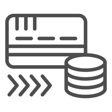 Kredi kartı şarj çizgisi simgesi. Depozito senetleri, tasarruf çekilişi sembolü, beyaz arka planda ana hatlı resim. Mobil konsept ve web tasarımı için para transferi işareti. Vektör grafikleri.