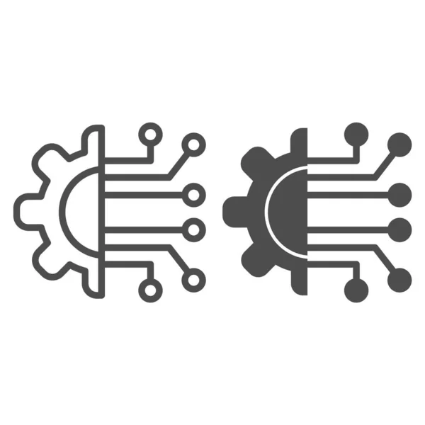 Ligne de connexion d'engrenage et icône solide. Équipement avec circuit à puce, symbole matériel ou logiciel, pictogramme de style contour sur fond blanc. Signe technologique pour concept mobile, web design. Graphiques vectoriels . — Image vectorielle