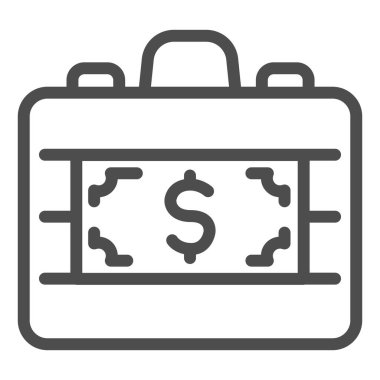 Para çantası çizgisi simgesi. Dolar banknot sembollü bavul, beyaz arka planda ana hatlı resim. Mobil konsept ve web tasarımı için para transferi işareti. Vektör grafikleri.