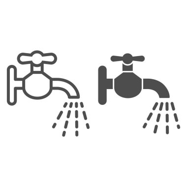 Musluk hattı ve sağlam bir ikon. Musluk beyaz arkaplanda taslak biçiminde pictogram akışı sağlar. Mobil konsept ve web tasarımı için Coronavirus enfeksiyonunu önlemek ve dezenfekte etmek. Vektör grafikleri.