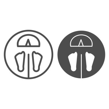 Döşeme çizgisi ve katı bir ikon. Beyaz üzerine izole edilmiş ayak sembolü olan zemin pulları. Dijital ağırlık ölçeği tasarımı, web ve uygulama için tasarlandı. Eps 10.