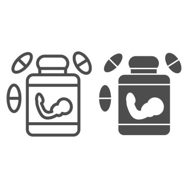 Vitamin hattı ve katı bir ikon. Vitaminler ve ilaç şişesi çizimleri beyaza izole edilmiş. Mineral vitamin takviyesi tasarımı, web ve uygulama için tasarlanmış. Eps 10.