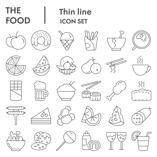 Yiyecek içecekleri ince çizgi ikonu seti. Gıda ve içecek tabelaları koleksiyonu veya çizimleri, logo çizimleri, web sembolleri, beyaz arkaplanda izole edilmiş taslak stil piktogramlar paketi. Vektör grafikleri. — Stok Vektör