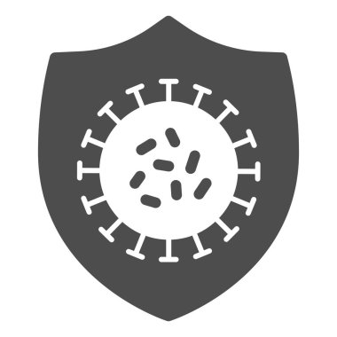 Koronavirüs bakterisi kalkan simgesinde. Beyaz arka planda grip mikrobu glifli piktograma karşı bağışıklığı var. Gezici konsept ve web tasarımı için Coronavirus koruma kalkanı. Vektör grafikleri.