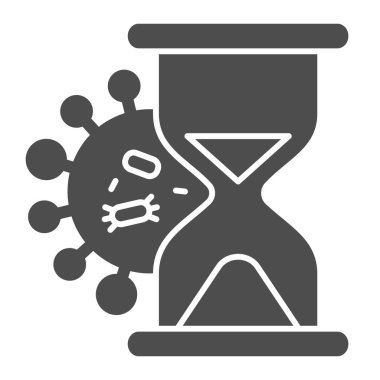 Coronavirus bakterisi ve kum saati katı ikonu. Beyaz arka planda virüs kabartma resim grafiği hızla yayılmış. Mobil konsept ve web tasarımı için covid-19 'u durduracak zaman yok. Vektör grafikleri.