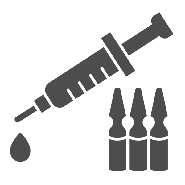 Spritze und Ampullen solides Symbol. Covid-19 Impfstoff-Glyphen-Piktogramm auf weißem Hintergrund. Antivirus-Injektion für mobiles Konzept und Webdesign. Vektorgrafik. — Stockvektor