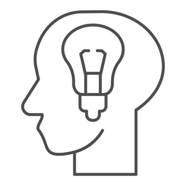 Zihin ince çizgi ikonunda yeni bir fikir. Kafasında ampul, parlak solüsyon lambası sembolü, beyaz arkaplanda ana hatlı resim. Mobil konsept ya da web tasarımı için takım çalışması işareti. Vektör grafikleri.