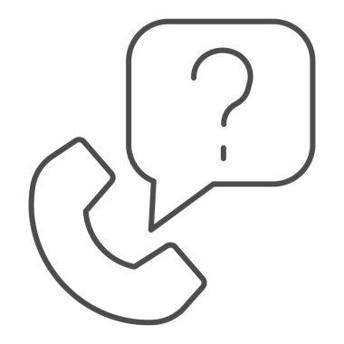 Telefon ve diyaloglar ince çizgi simgesi. Telefon ile yardım ya da bilgi sembolü isteyin, beyaz arkaplanda resim çizimi yapın. Mobil konsept için takım çalışması işareti, web tasarımı. Vektör grafikleri.