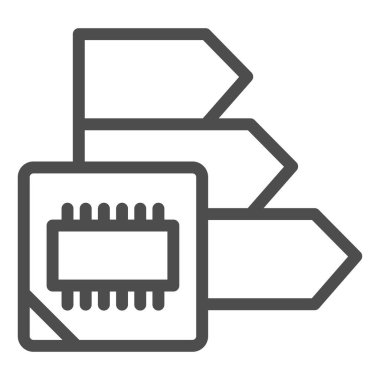 Mikroçip güç çizelgesi simgesi. Enerji tüketimi, çip ve oklar sembolü, beyaz arka planda ana hatlı resim. Mobil konsept veya web tasarımı kriterleri. Vektör grafikleri.