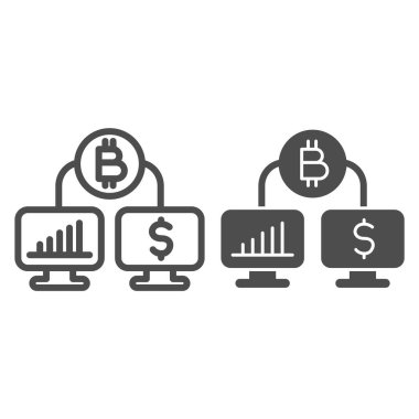 Bitcoin ve dolar nakit akışı hattı ve sağlam bir ikon. Şifreleme oranı grafik monitörleri sembolü, beyaz zemin üzerinde ana hatlı resim grafiği. Mobil konsept ve web tasarımı için para işareti. Vektör grafikleri.