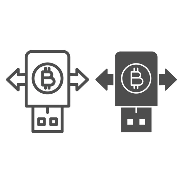 Bitcoin transportation line and solid icon. Secure key device and arrows symbol, outline style pictogram on white background. Money transfer sign for mobile concept and web design. Vector graphics. — Stock Vector
