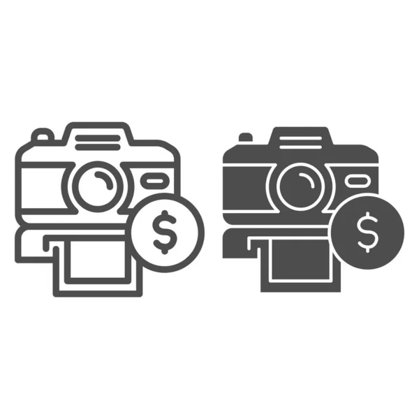 Selling photos on stock line and solid icon. Photocamera and dollar coin symbol, outline style pictogram on white background. Passive income sign for mobile concept and web design. Vector graphics. — Stock Vector