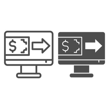 Dolar banknotları, ok çizgileri ve sağlam bir simgesi olan monitör. Bilgisayar işlem sembolü, beyaz arkaplanda ana hatlı resim çizimi. Mobil konsept ve web tasarımı için para işareti. Vektör grafikleri.