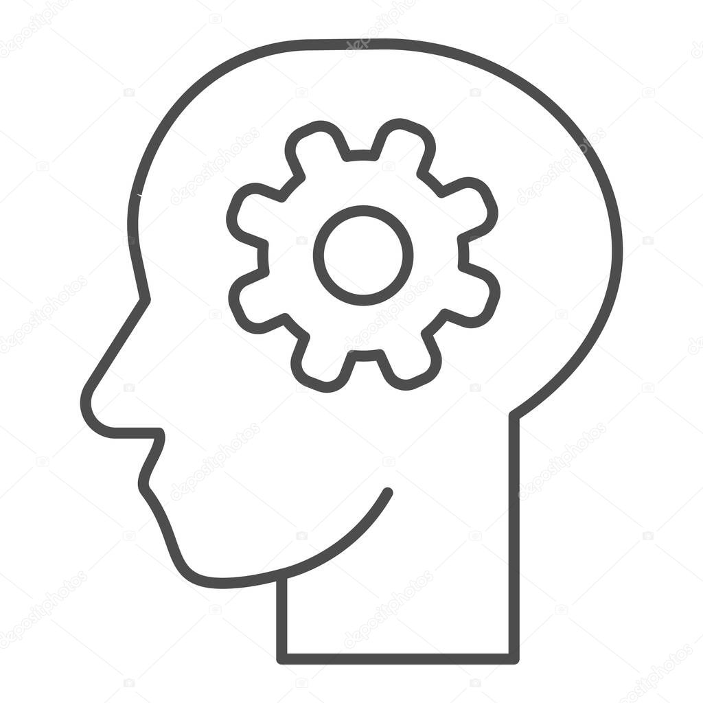 Brain idea in mind thin line icon. Gear in head, solution wheel symbol, outline style pictogram on white background. Teamwork or business sign for mobile concept and web design. Vector graphics.