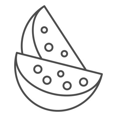 Karpuz ince çizgi ikonu. İki porsiyon karpuz çizimi beyaza izole edilmiş. İki büyük karpuz dilimi, tohum ana hatlarıyla kesilmiş, web ve uygulama için tasarlanmış. Eps 10.