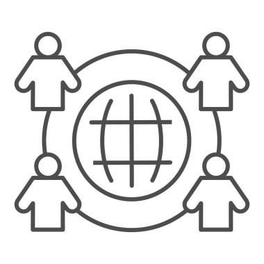 Çalışan dış kaynak, ince çizgi ikonu. Dış kaynak, dünya ve dört kişi sembolü, beyaz arka planda ana hatlı resim. Mobil konsept için takım çalışması işareti, web tasarımı. Vektör grafikleri.