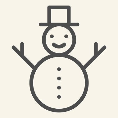 Kardan adam çizgisi simgesi. Beyaz arka planda şapka ve eşarp çizgili mutlu kış kardan adam. Gezici konsept ve web tasarımı için Kar Yeni Yıl figürü. Vektör grafikleri.