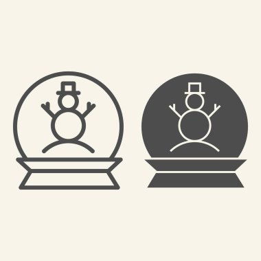 Tatil kar küresi çizgisi ve sağlam bir ikon. Beyaz arka planda kardan adam tasviri çizilmiş Noel cam küresi. Mobil konsept ve web tasarımı için mutlu yıllar balosu hediyesi. Vektör grafikleri.