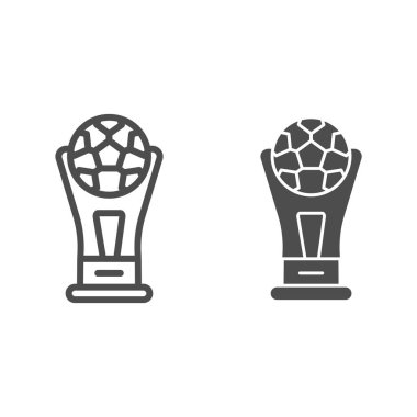 Kazanan kupa çizgisi ve sağlam bir ikon. Şampiyonluk futbolu ya da futbol kupası, top üstte, beyaz arka planda taslak tarzı resim. Mobil konsept ve web tasarımı için spor tabelası. Vektör grafikleri