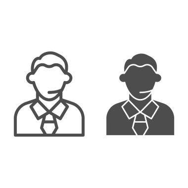 Futbol ya da futbol yorumcusu ve sağlam bir ikon. Kulaklıklı bir insan, hayran destekli bir sembol, beyaz arka planda ana hatlı bir resim. Mobil konsept ve web tasarımı için spor tabelası. Vektör grafikleri