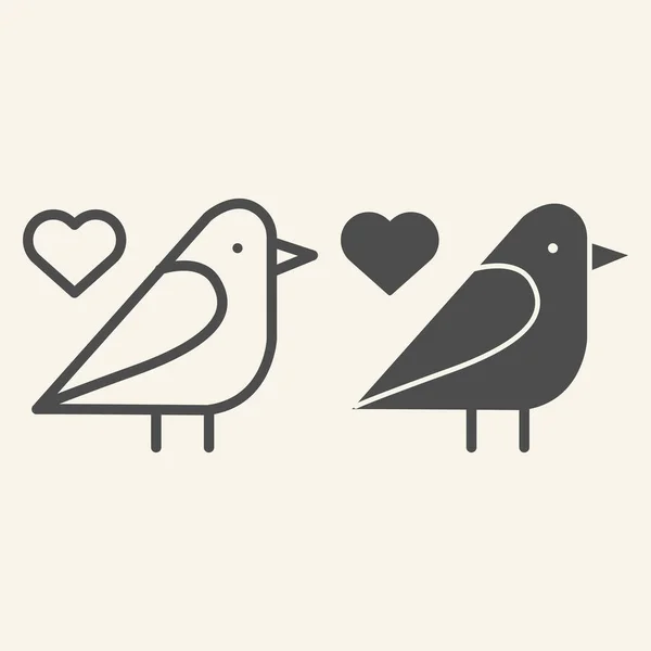 スズメの鳥の線と固体のアイコン。ハートシンボルアウトラインスタイルのピクトグラムを白の背景に持つ小さなフィンチのような鳥。モバイルコンセプトとウェブデザインのための鳩シルエット。ベクトルグラフィックス. — ストックベクタ