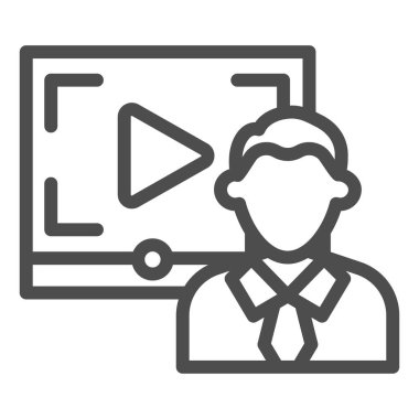 Video kursları erkek çizgisi simgesi. Çevrimiçi webinar öğretim görevlisi ve çalma düğmesi sembolü, beyaz arkaplanda ana hatlı resim çizimi. Mobil konsept ve web tasarımı için eğitim işareti. Vektör grafikleri