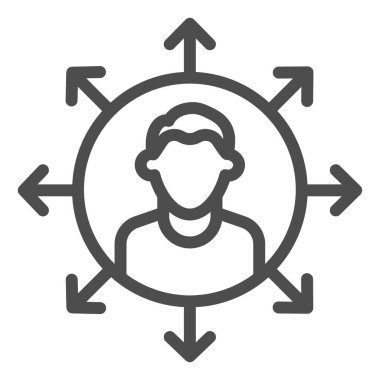 İşçi çoklu görev çizgisi simgesi. Çok sayıda ok sembolü olan mali açıdan etkin kişi, beyaz arka planda ana hatlı resim çizimi. Mobil konsept veya web tasarımı için iş tabelası. Vektör grafikleri