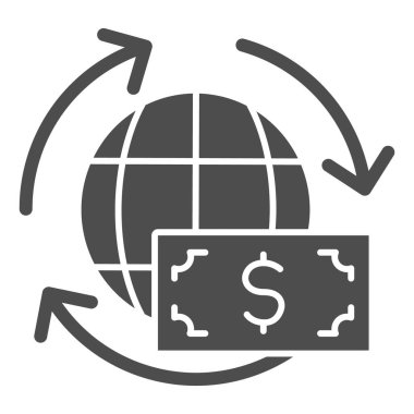 Küresel değişim simgesi. Dolar banknotu ve ok sembollü dünya, beyaz arka planda kabartma şekilli resim. Mobil konsept ve web tasarımı için para transferi işareti. Vektör grafikleri
