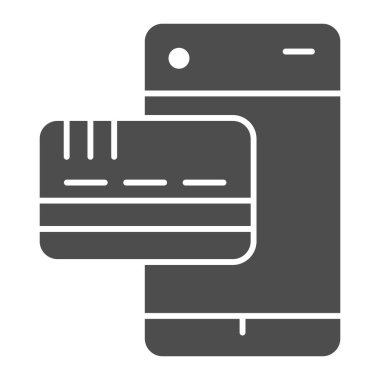 Telefondaki kredi kartı simgesi. Mobil ödeme operasyonu, ödeme sembolü, beyaz arka planda glifli resim. Mobil konsept ve web tasarımı için para transferi işareti. Vektör grafikleri