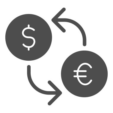 Döviz takas simgesi. Oklu sikkeler, dönüşüm sembolü, beyaz arkaplanda glifli resim. Mobil konsept ve web tasarımı için para transferi işareti. Vektör grafikleri