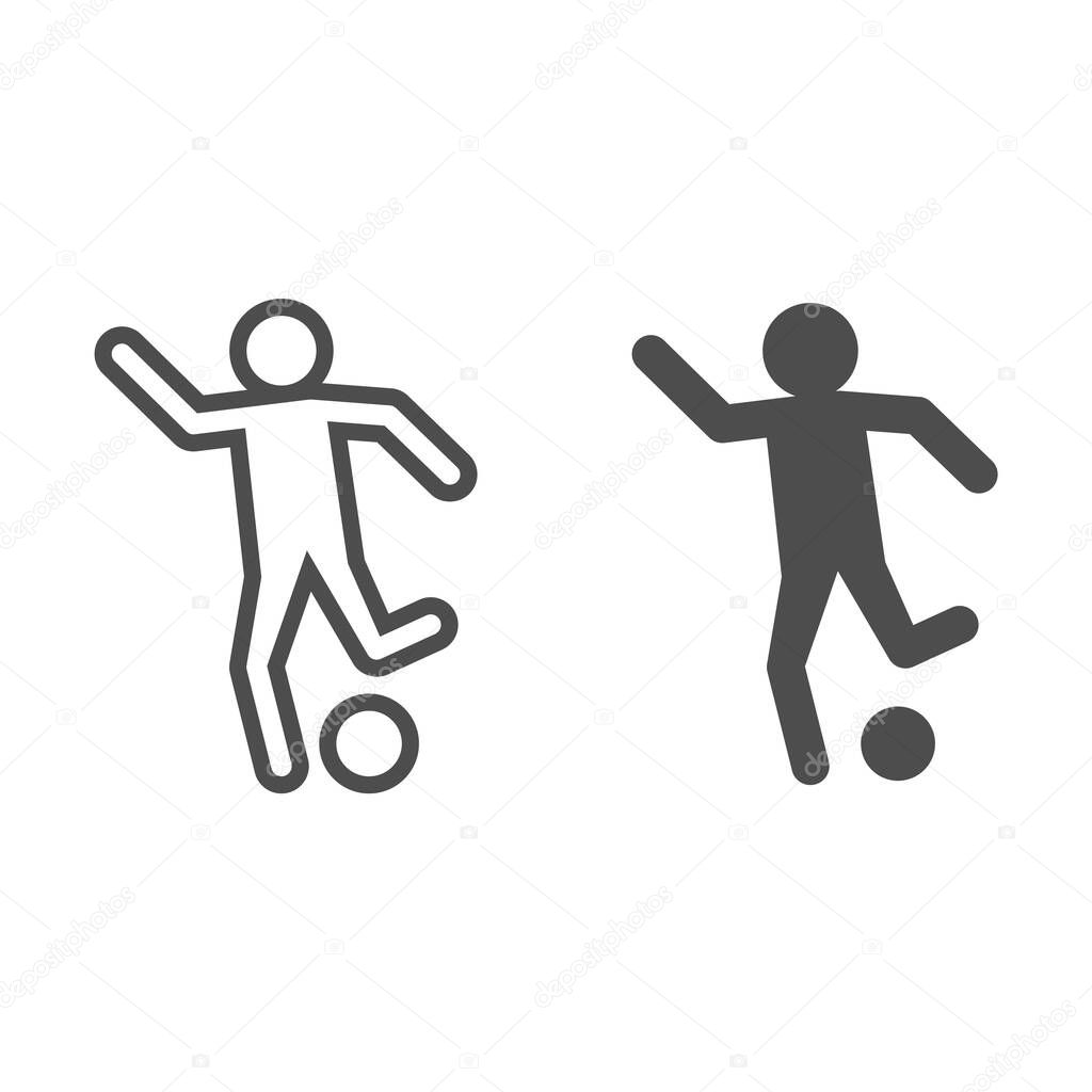 Man shooting ball line and solid icon. Soccer or football player kicked soccer-ball symbol, outline style pictogram on white background. Sport sign for mobile concept and web design. Vector graphics