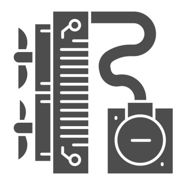 Su soğutma sistemi katı simge. Radyatör sembolünde sıvı olan soğutucu fanları, beyaz arka planda glifli resim. Mobil konsept ve web tasarımı kriterleri. Vektör grafikleri