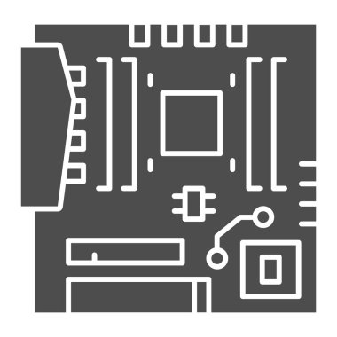Modern anakart katı simgesi. Donanım bileşenleri sembollü ana devre kartı, beyaz arkaplanda glyph tarzı resim. Mobil konsept için bilgisayar imzası, web tasarımı. Vektör grafikleri