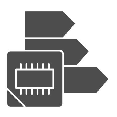 Mikroçip güç şeması katı simge. Enerji tüketimi, çip ve oklar sembolü, beyaz arkaplanda kabartma tarzı resim. Mobil konsept veya web tasarımı kriterleri. Vektör grafikleri