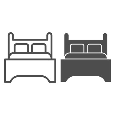 Çift yatak hattı ve kabartma simgesi. Uyumak için bir yer, çift mobilya nesnesi sembolü, beyaz arka planda ana hatlı resim. Mobil konsept ve web tasarımı için otel işletme tabelası. Vektör grafikleri