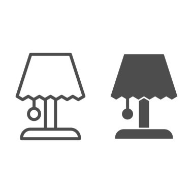 Yatağın yanındaki lamba hattı ve sembol. Oturma odası ya da yatak odası sembolü için aydınlatma armatürü, beyaz arka planda ana hatlı resim. Mobil konsept ve web tasarımı için ev tabelası. Vektör grafikleri