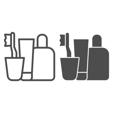 Diş fırçası, krem, şampuan çizgisi ve sembol. Hijyen seti, banyo aksesuarları sembolü, beyaz arka planda ana hatlı resim. Mobil konsept veya web tasarımı için otel tabelası. Vektör grafikleri.