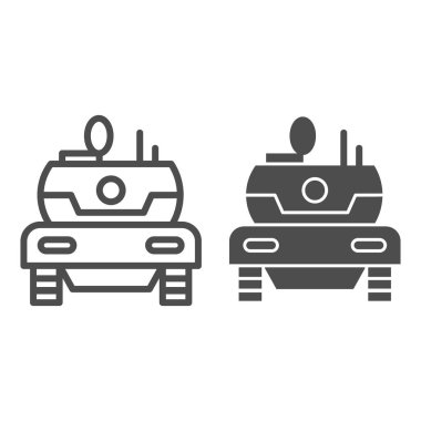 Modern tank hattı ve sağlam ikon. Savaş ve saldırı savaş aracı sembolü, beyaz arka planda ana hatlı resim. Mobil konsept ya da web tasarımı için askeri ya da savaş işareti. Vektör grafikleri.
