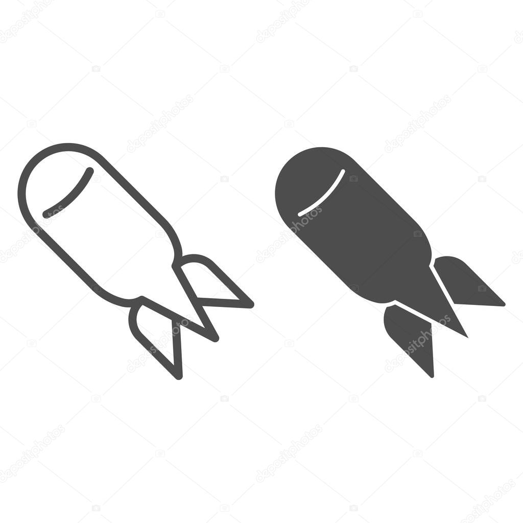 Nuclear bomb line and solid icon. Atomic ammunition, air rocket symbol, outline style pictogram on white background. Military or warfare sign for mobile concept and web design. Vector graphics.