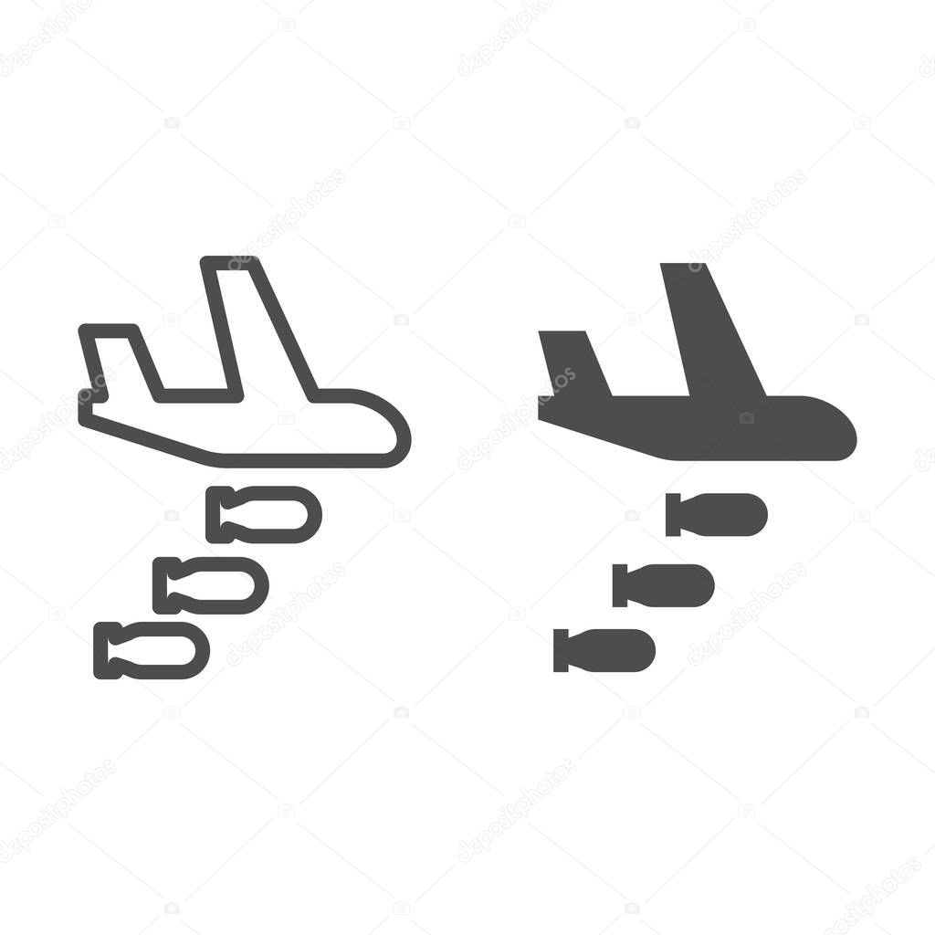 Bomber line and solid icon. Air bombing, war attack and aircraft symbol, outline style pictogram on white background. Military or warfare sign for mobile concept and web design. Vector graphics.