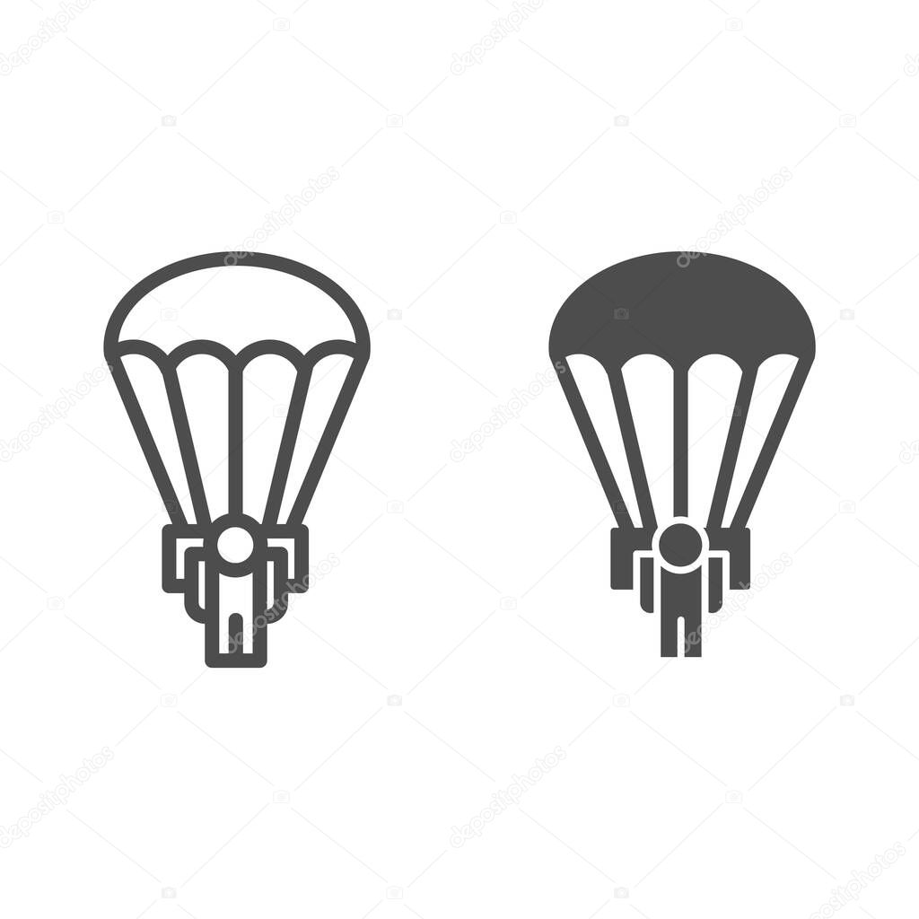 Army skydiver line and solid icon. Parachute jump, parachutist soldier symbol, outline style pictogram on white background. Military or warfare sign for mobile concept and web design. Vector graphics.
