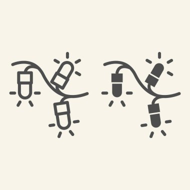 Çelenk hattı ve sağlam bir ikon. Noel ışıkları beyaz arka planda resim çizer. Xmas için parlayan ampul ve taşınabilir konsept ve web tasarımı için yeni yıl süslemesi. Vektör grafikleri