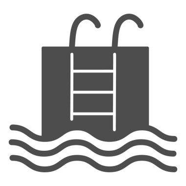 Havuz katı ikonu. Beyaza izole edilmiş merdiven çizimi olan su dolu bir leğen. Yüzme havuzu kabartma tasarımı, ağ ve uygulama için tasarlanmış. Eps 10