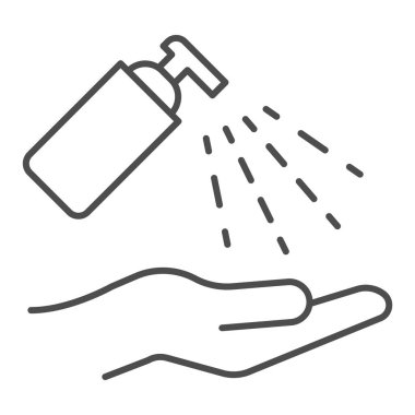 Antiseptik alkol spreyi ince çizgi ikonu. Temiz el ve hijyenik jel. Beyaz arka planda resim çizimi. Mobil konsept ve web tasarımı için Covid-19 'u önlemek için sterilize et. Vektör grafikleri