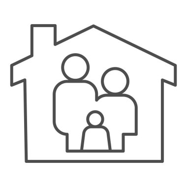 Evde ince çizgi ikonu olarak kal. Beyaz arka planda aile resmi çizilmiş. Mobil konsept ve web tasarımı salgını sırasında evde kalmak. Vektör grafikleri